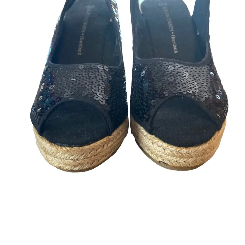 Ilse Jacobsen Size 40US Size 9.5-10 Black Danish Made Sequined Espadrille Wedges